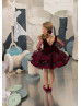 Burgundy Velvet Tulle Pearls Embellished Flower Girl Dress